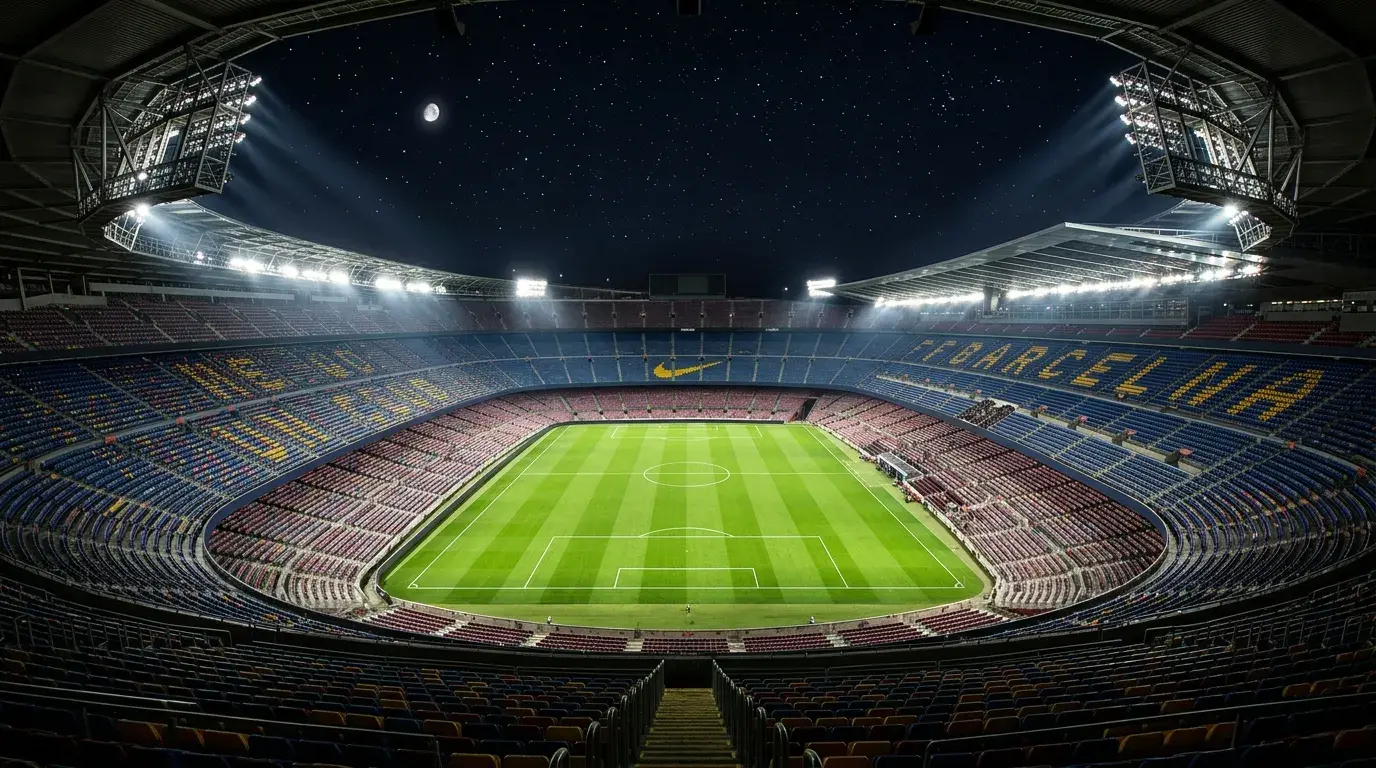 Estadio de fútbol europeo iluminado de noche para un partido de Champions League