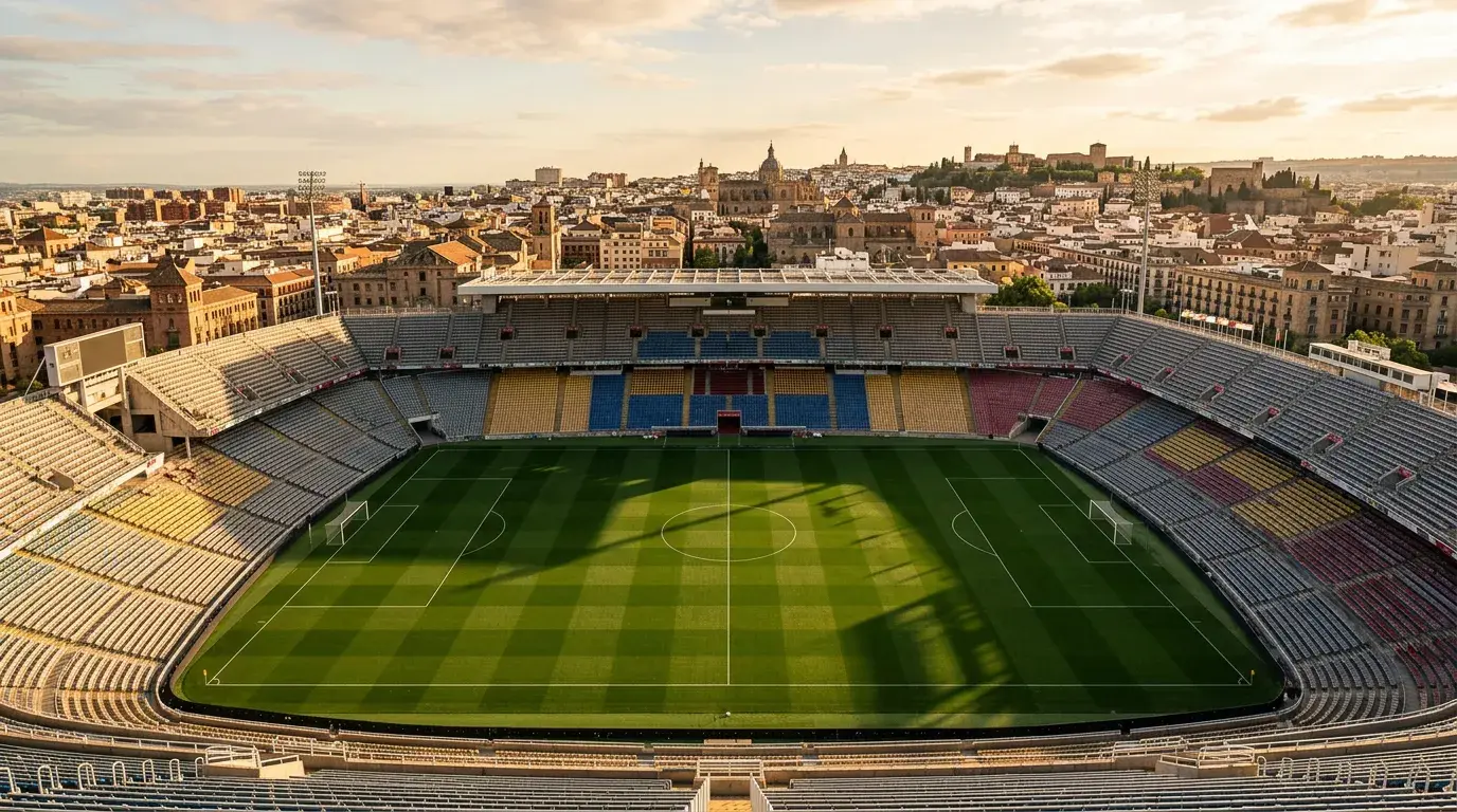 Campo de fútbol de La Liga española con marcador y estadísticas de rendimiento de equipos