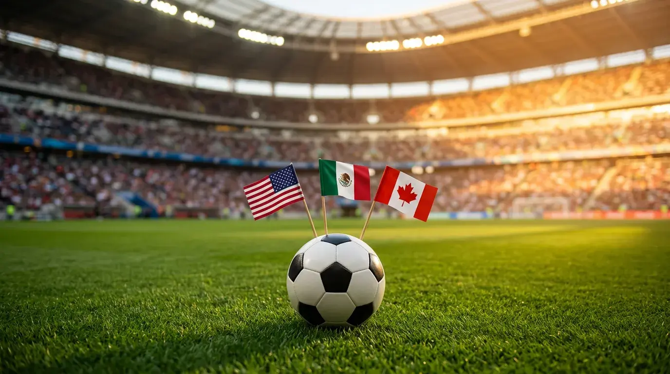 Balón de fútbol sobre un campo con banderas de Estados Unidos, México y Canadá representando el Mundial 2026