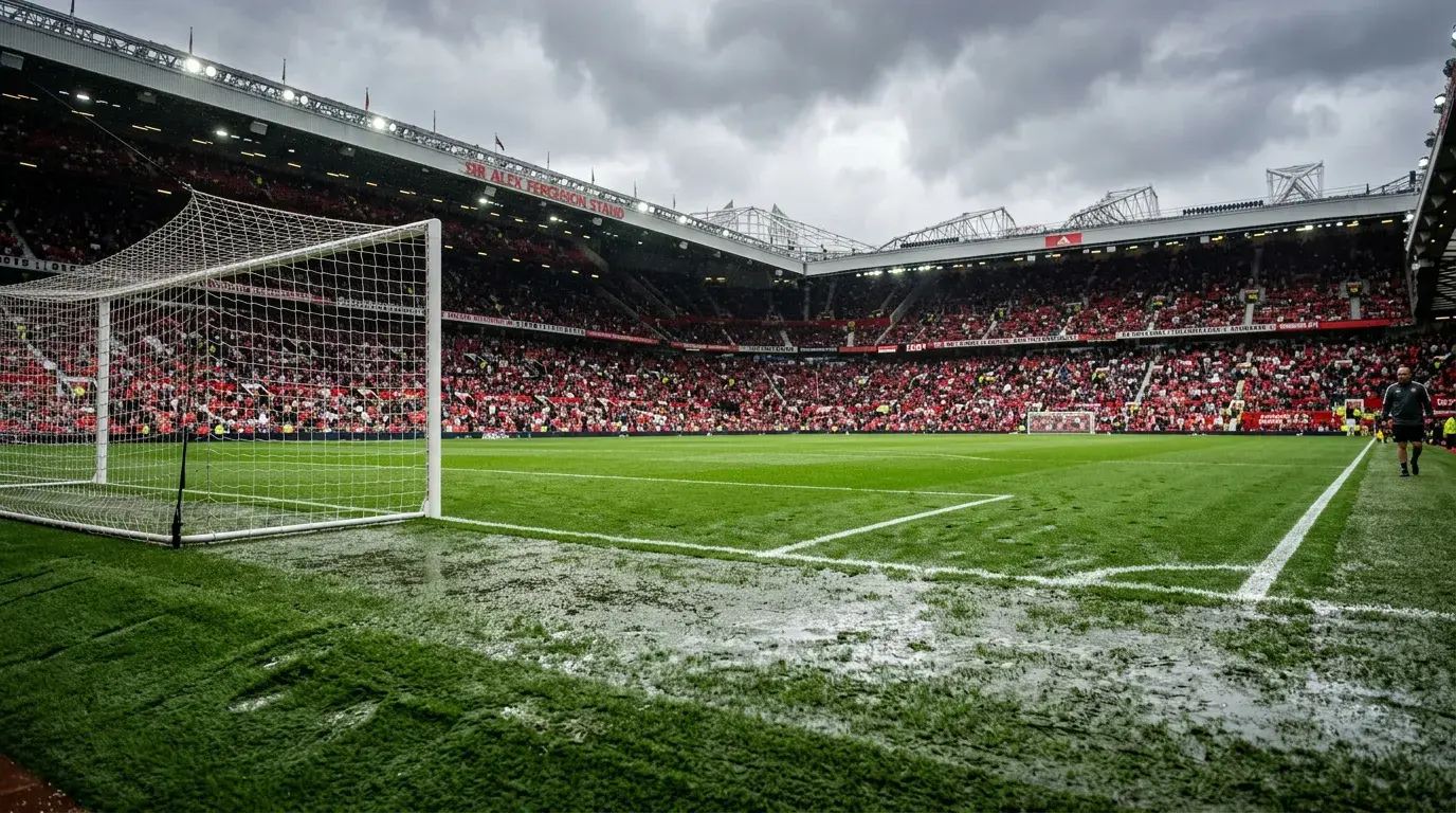 Campo de fútbol de la Premier League inglesa con césped mojado y porterías bajo cielo nublado