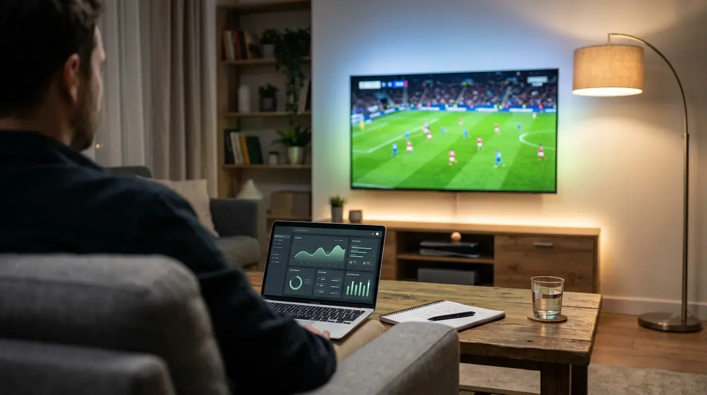 Pantalla con retransmisión en directo de un partido de fútbol junto a un portátil mostrando estadísticas del encuentro