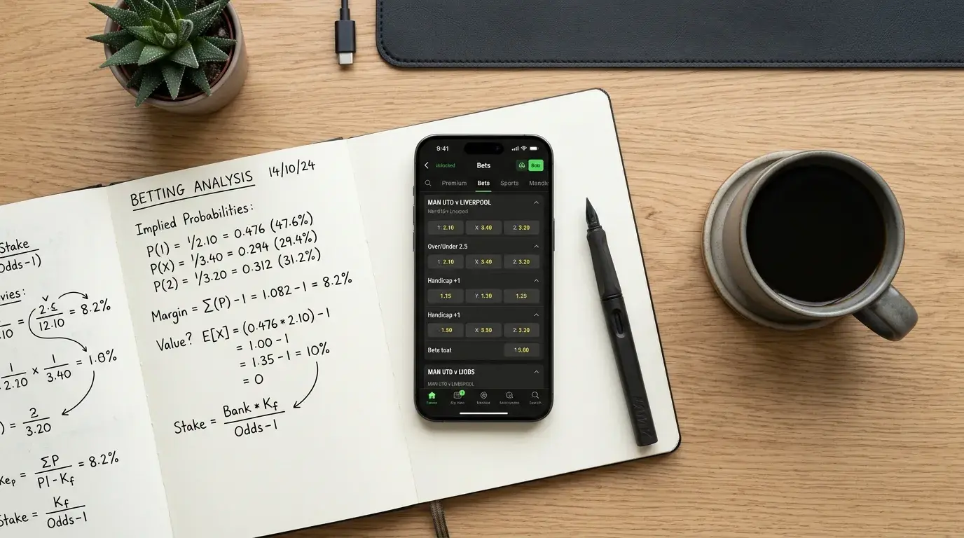 Calculadora de apuestas deportivas mostrando conversión de cuotas, ganancias y cálculo de surebet