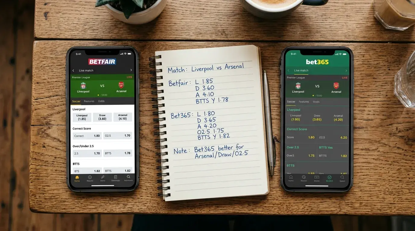 Comparativa de cuotas de fútbol entre operadores mostrando diferencias de precio en un mismo partido