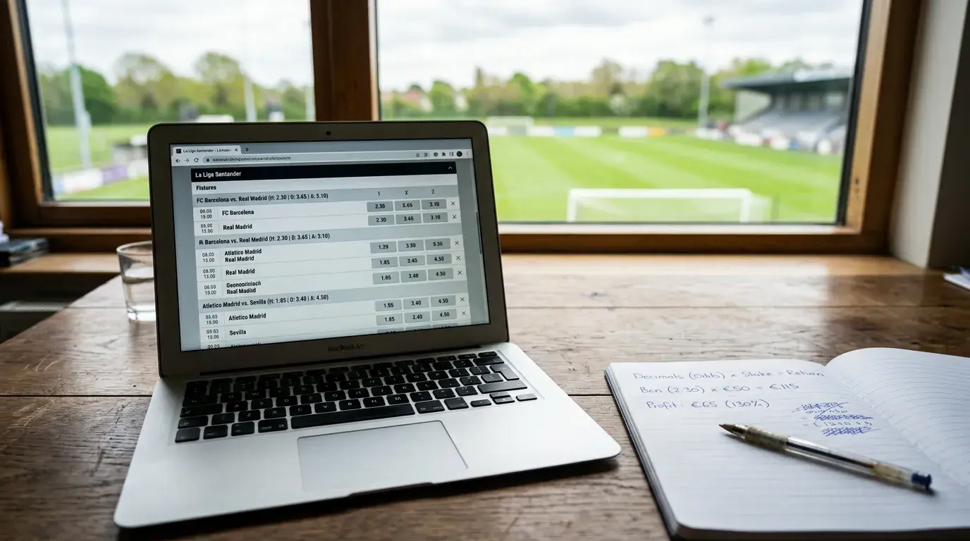 Pantalla de ordenador mostrando cuotas de apuestas de fútbol en formato decimal con un campo de fútbol al fondo