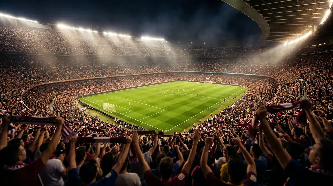 Estadio de fútbol iluminado con aficionados españoles animando durante un partido de liga nocturno