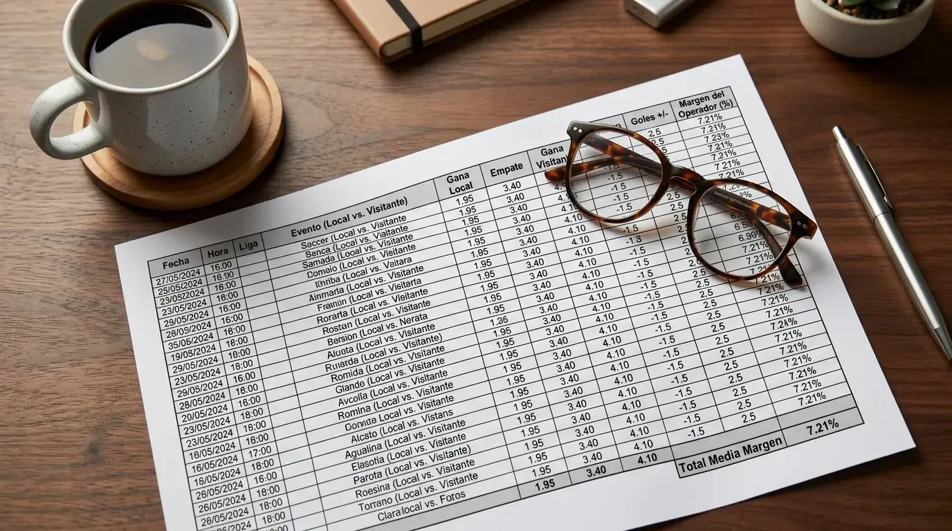 Tabla de cuotas de apuestas de fútbol con porcentajes de margen del operador resaltados