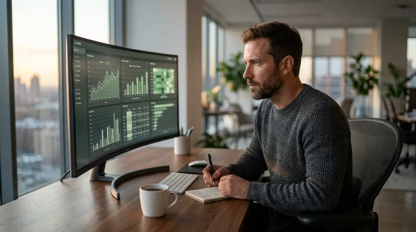 Analista de apuestas revisando gráficos y datos del mercado global de apuestas deportivas en pantalla