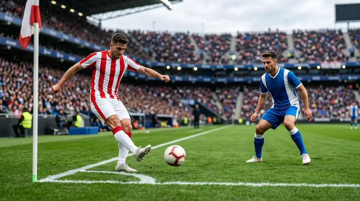 Jugadores de fútbol disputando un córner durante un partido de liga española en estadio iluminado