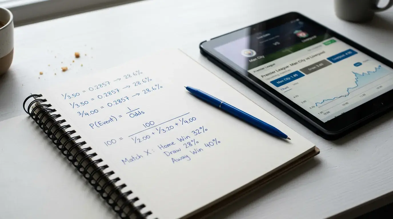 Cuaderno con fórmulas de probabilidad implícita junto a una pantalla de cuotas de fútbol