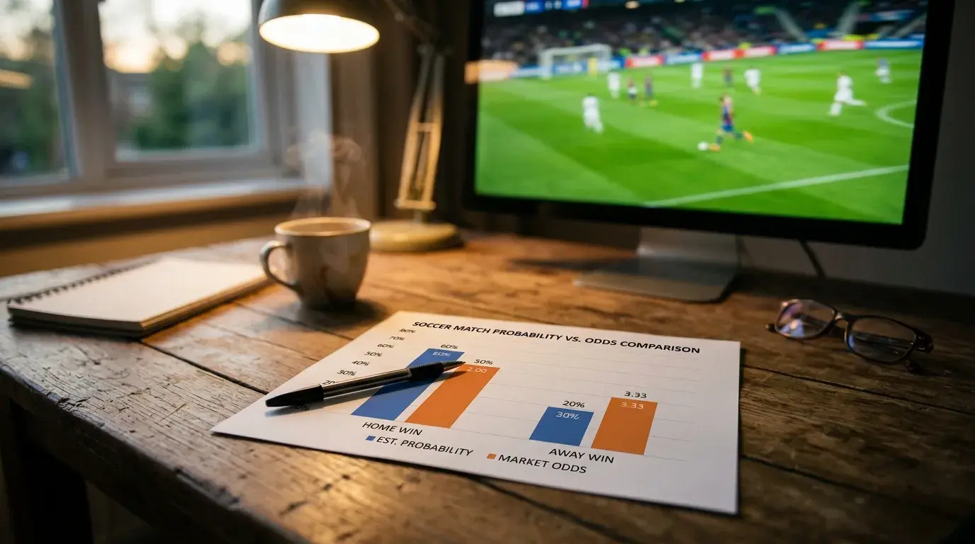 Análisis de value bet en apuestas de fútbol con gráfico de probabilidades sobre un escritorio